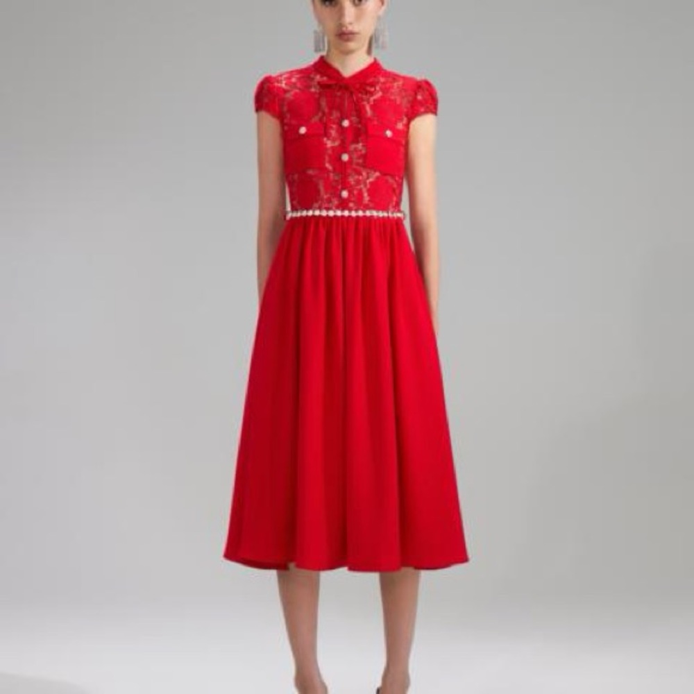 Self-Portrait Red Lace Midi Dress with Crystal Belt